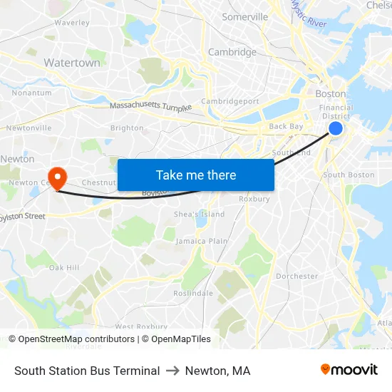 South Station Bus Terminal to Newton, MA map