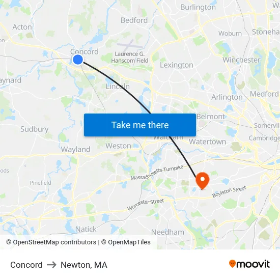 Concord to Newton, MA map