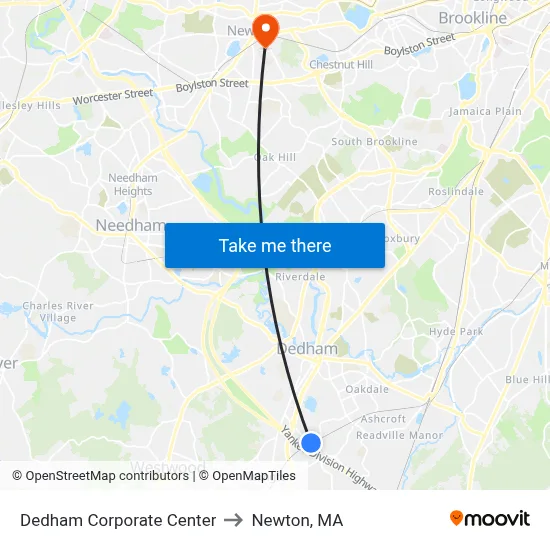 Dedham Corporate Center to Newton, MA map