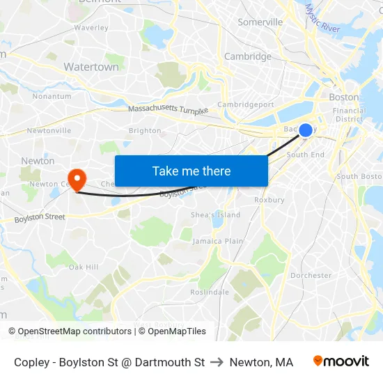 Copley - Boylston St @ Dartmouth St to Newton, MA map