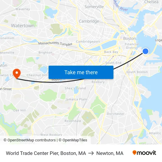 World Trade Center Pier, Boston, MA to Newton, MA map