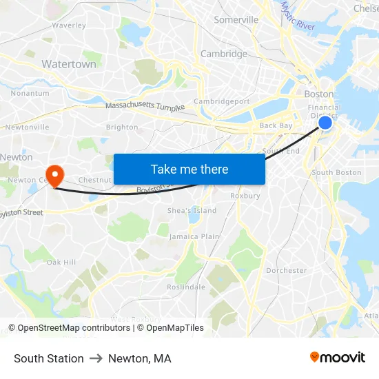 South Station to Newton, MA map