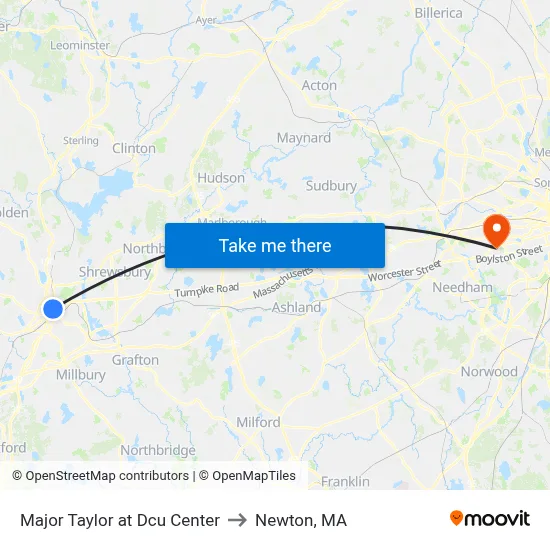 Major Taylor at Dcu Center to Newton, MA map