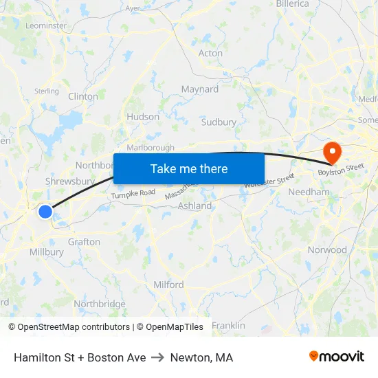Hamilton St + Boston Ave to Newton, MA map