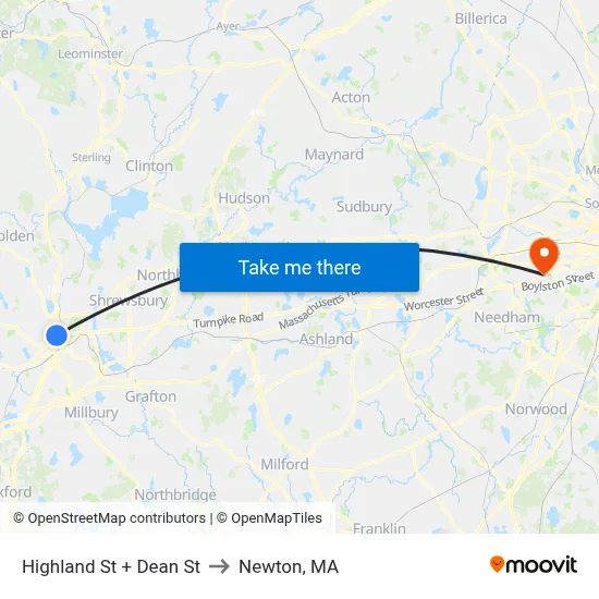 Highland St + Dean St to Newton, MA map