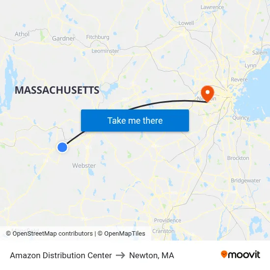 Amazon Distribution Center to Newton, MA map