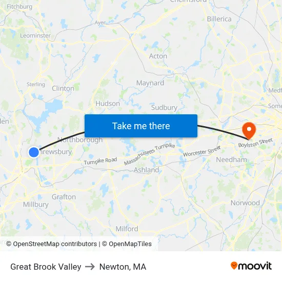 Great Brook Valley to Newton, MA map