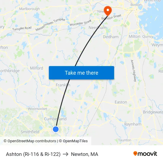 Ashton (Ri-116 & Ri-122) to Newton, MA map