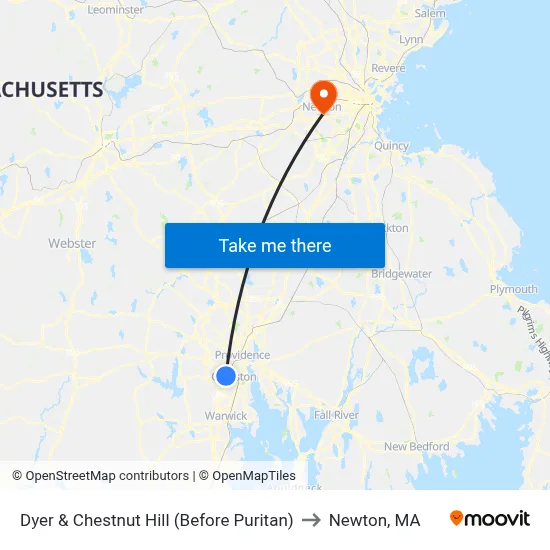 Dyer & Chestnut Hill (Before Puritan) to Newton, MA map