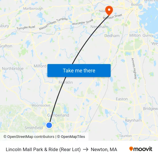 Lincoln Mall Park & Ride (Rear Lot) to Newton, MA map