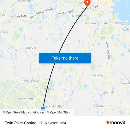 Twin River Casino to Newton, MA map