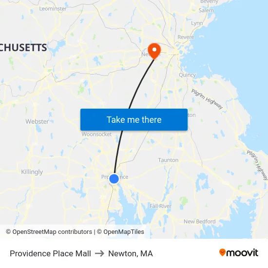 Providence Place Mall to Newton, MA map