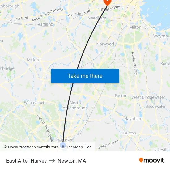 East After Harvey to Newton, MA map