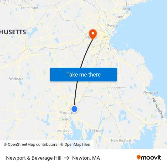 Newport & Beverage Hill to Newton, MA map