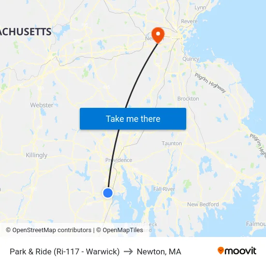 Park & Ride (Ri-117 - Warwick) to Newton, MA map