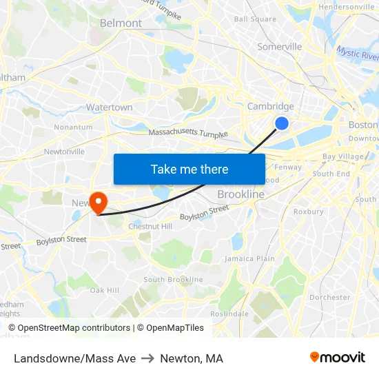 Landsdowne/Mass Ave to Newton, MA map