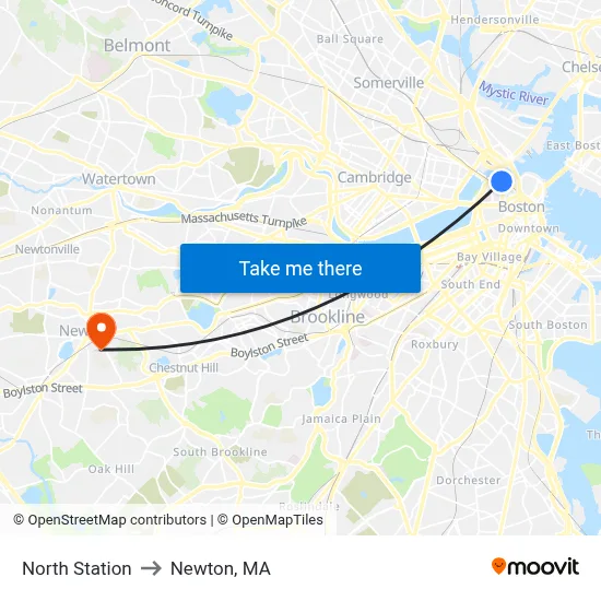 North Station to Newton, MA map