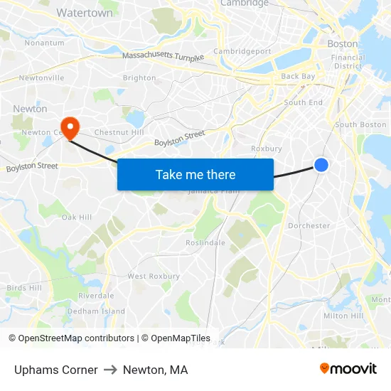 Uphams Corner to Newton, MA map