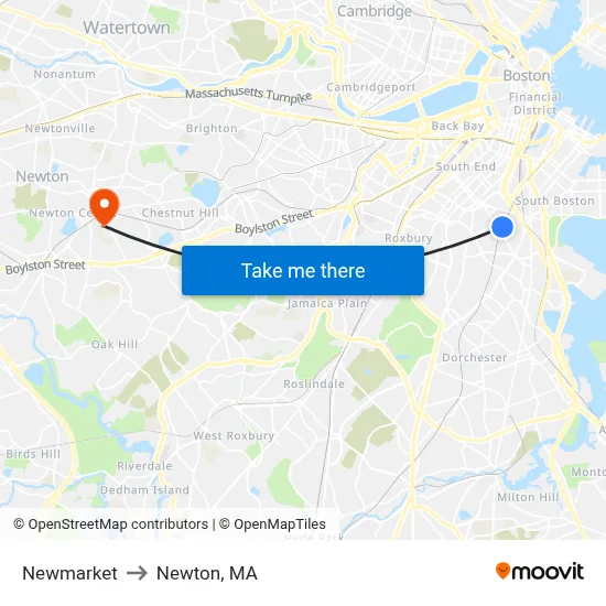 Newmarket to Newton, MA map