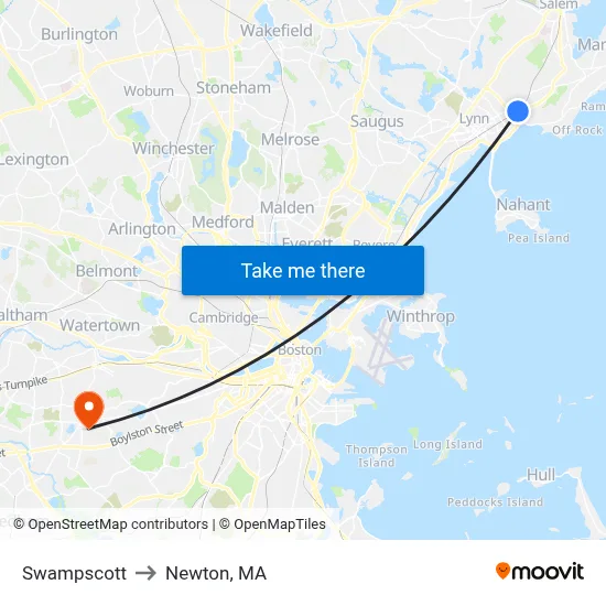 Swampscott to Newton, MA map
