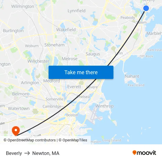 Beverly to Newton, MA map