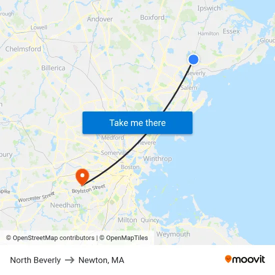 North Beverly to Newton, MA map