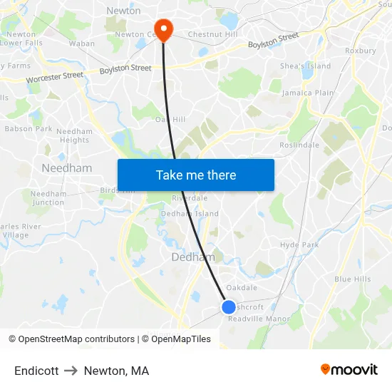 Endicott to Newton, MA map