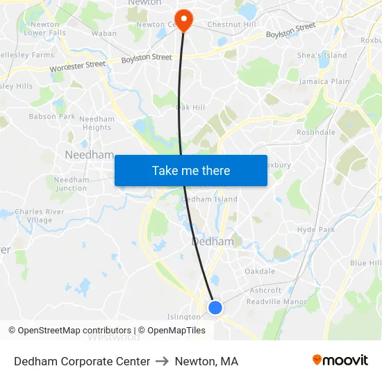 Dedham Corporate Center to Newton, MA map