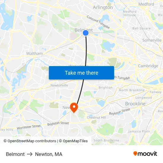 Belmont to Newton, MA map