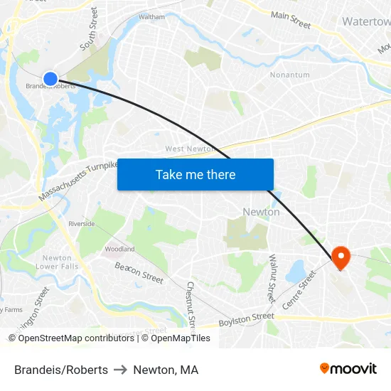 Brandeis/Roberts to Newton, MA map