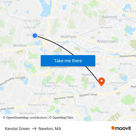 Kendal Green to Newton, MA map