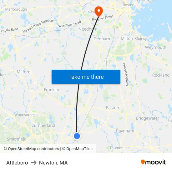 Attleboro to Newton, MA map