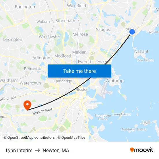 Lynn Interim to Newton, MA map