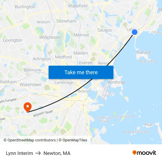 Lynn Interim to Newton, MA map