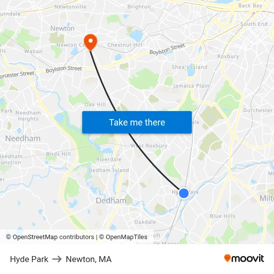 Hyde Park to Newton, MA map