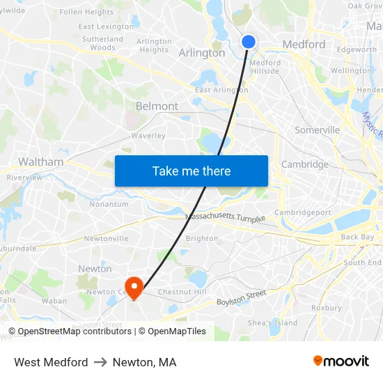 West Medford to Newton, MA map