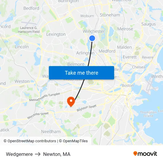 Wedgemere to Newton, MA map