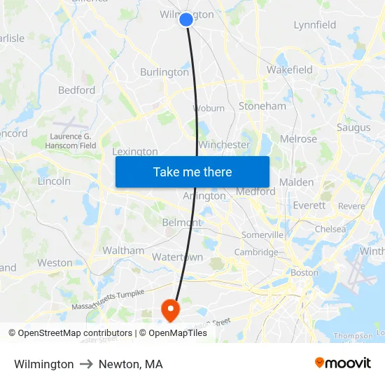 Wilmington to Newton, MA map