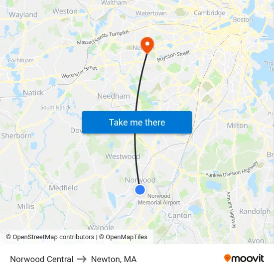 Norwood Central to Newton, MA map