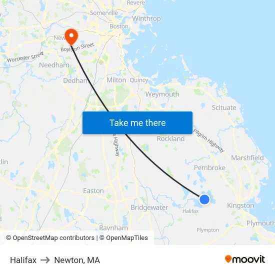 Halifax to Newton, MA map