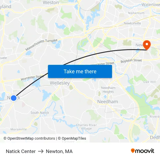 Natick Center to Newton, MA map
