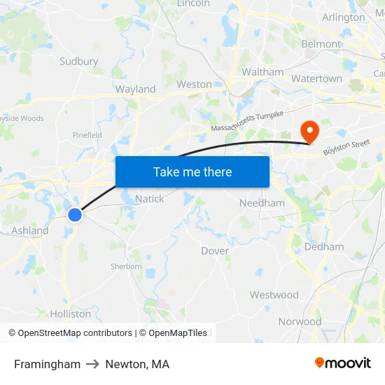 Framingham to Newton, MA map