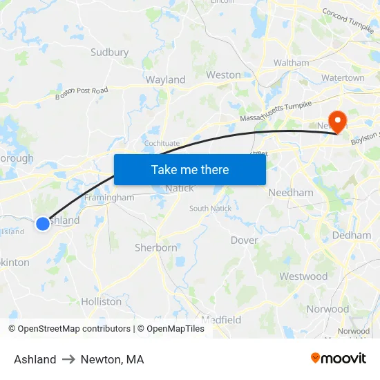 Ashland to Newton, MA map