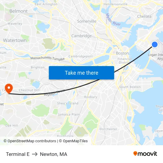 Terminal E to Newton, MA map