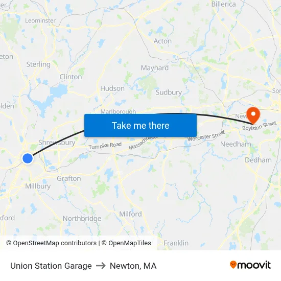 Union Station Garage to Newton, MA map