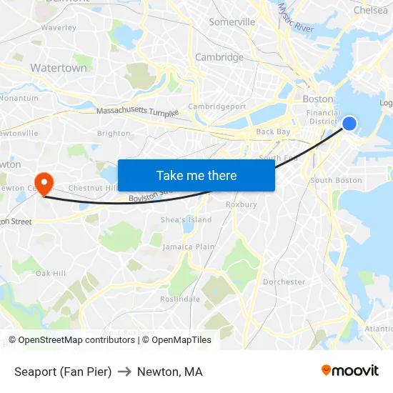 Seaport (Fan Pier) to Newton, MA map