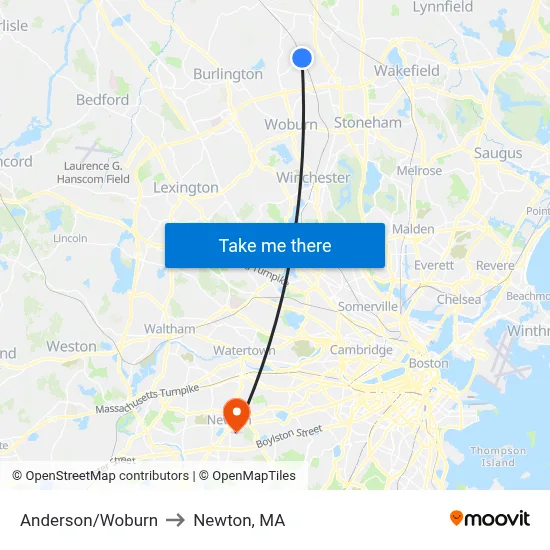 Anderson/Woburn to Newton, MA map