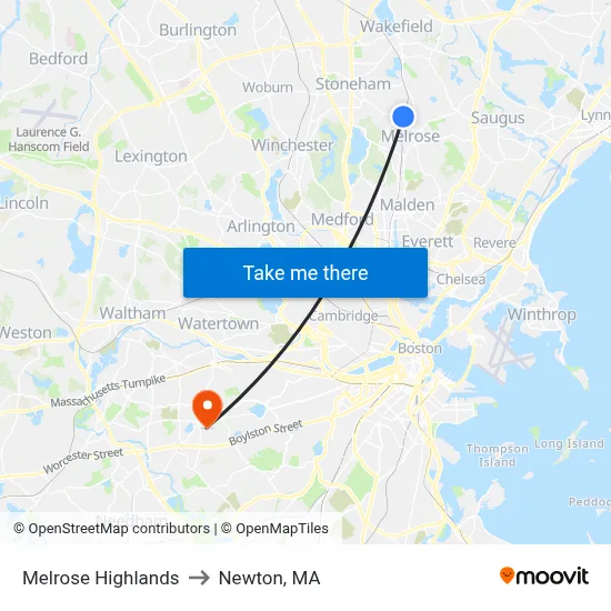 Melrose Highlands to Newton, MA map