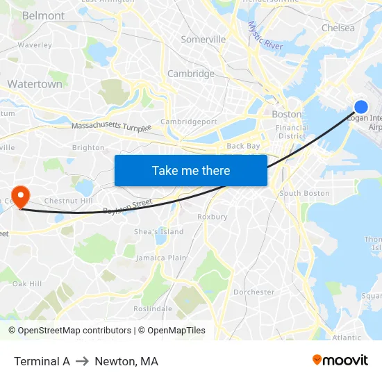 Terminal A to Newton, MA map
