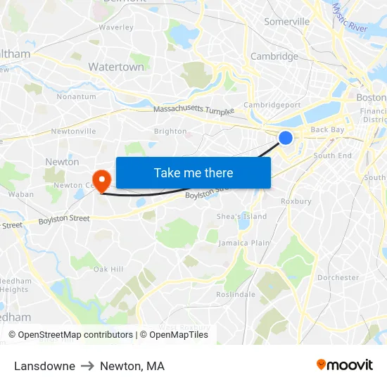 Lansdowne to Newton, MA map